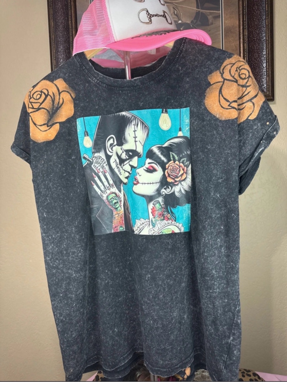 Revamped Time and Tru Black acid wash Tee with hand bleach painted decor